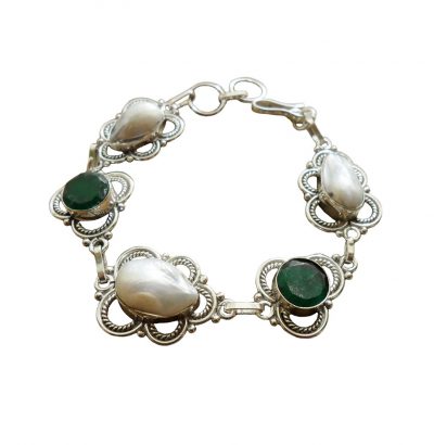 Smaragd Biwa-Perlen Armband - versilbertes Einzelstück Schmuck